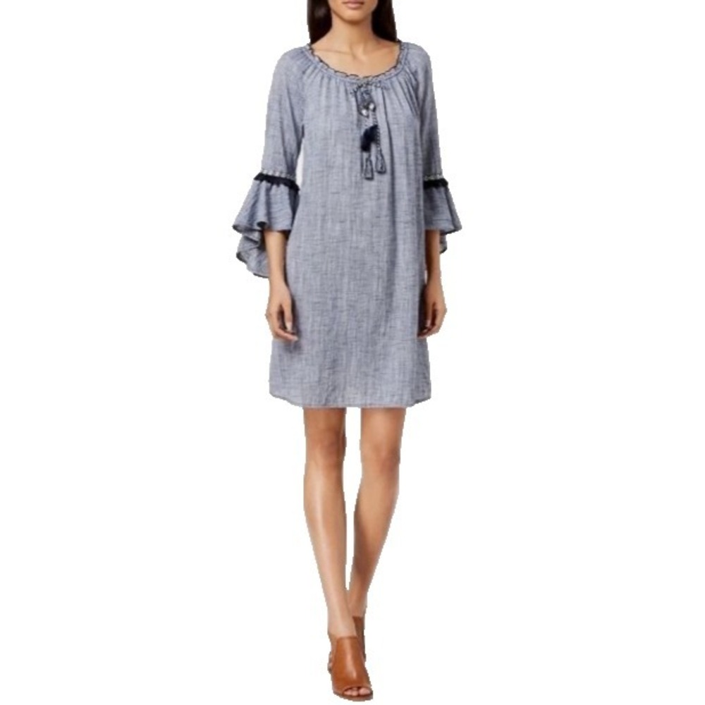 Style & Co Woman's BOHO Casual Dress Bell Sleeves Blue Cotton Chambray Large